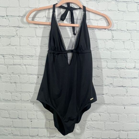 Sunseeker Other - Sunseeker One Piece Swimingsuit Women Black V Neck Halter Embroidered Preppy